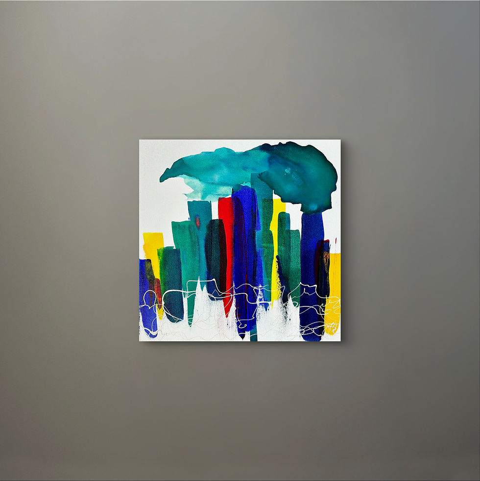 Thumbnail: Abstract mixed media portrait showing a teal and dark teal silhouetted head in profile facing right, filled with layered geom