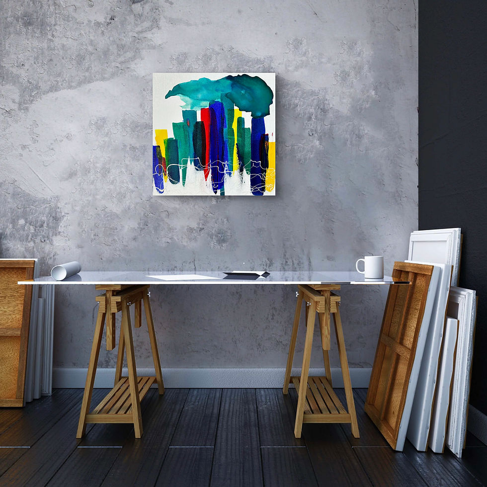 Thumbnail: Abstract mixed media portrait showing a teal and dark teal silhouetted head in profile facing right, filled with layered geom