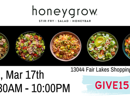 💰 Spirit Night @ Honeygrow | Tue, Mar 17 | 10:30AM-10PM