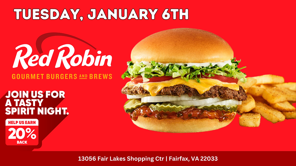 💰 Spirit Night @ Red Robin | Tue, Jan 6 | 11:00AM - 9:00PM