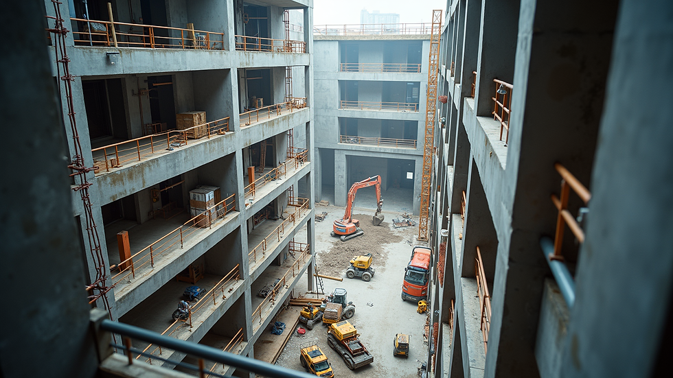 High angle view of a construction site inside a commercial building during refurbishment