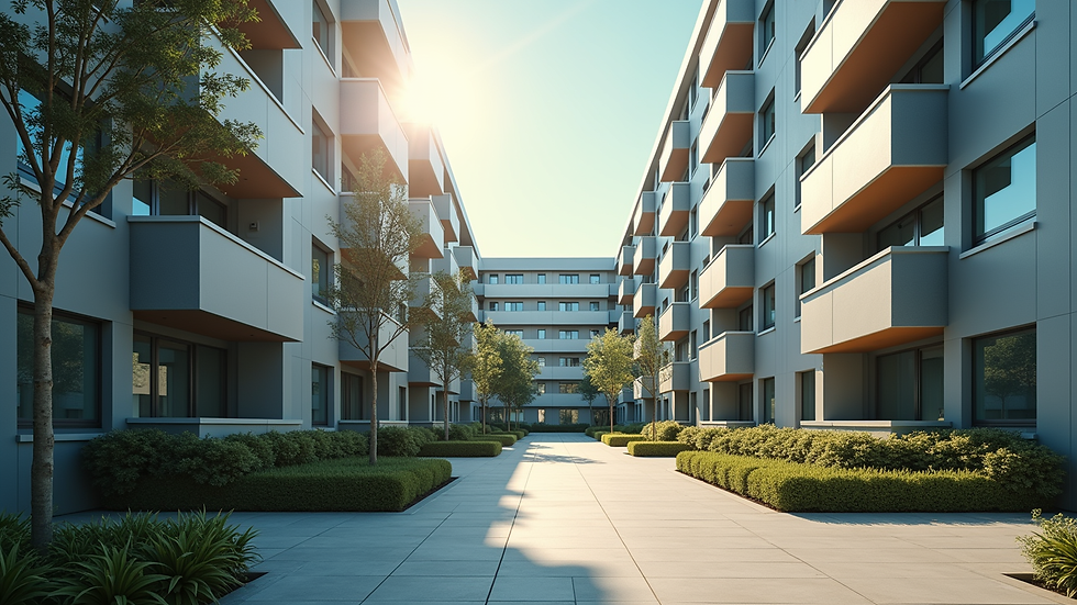 Eye-level view of a modern apartment building exterior