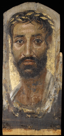 weathered painting of a man wearing laurels on his head