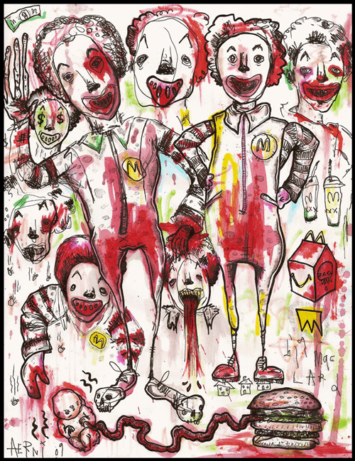 Graffiti-style painting of eight sinister Ronald McDonald lookalikes that have morphed into monsters. One Ronald McDonald attends to a fetus attached to a Big Mac by an umbilical cord.