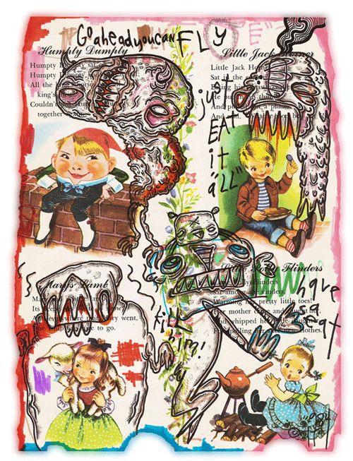 Graffiti-style painting of four nursery rhyme characters each with a monster hovering above them.