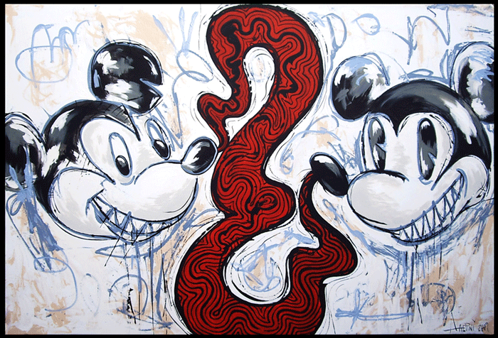 A graffiti-style painting of two Mickey Mouse shark-toothed lookalikes that are 'sniffing out' red smoke and blood. 