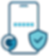 A smartphone outline with a five-dot password display, a blue shield with a checkmark, and a circular logo suggests security features.