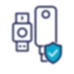 Two USB keys are shown, one with a blue shield and checkmark, symbolizing security. The image has a white background.
