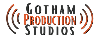 Logo of black and burnt orange words saying Gotham Production Studios with radio waves on either side