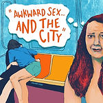 Logo illustration of two people making out on the New York City subway with a woman in front making a judging face. A thought bubble from the judgmental woman reads Awkward Sex And The City