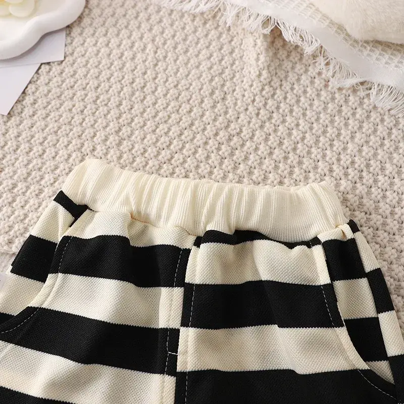 Thumbnail: Summer Children Sets Boys Girls Short-sleeved Striped T-shirt +Shorts Set Babies