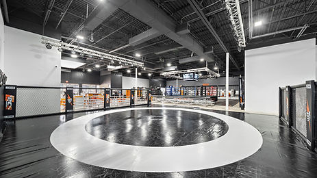 A combat sports practice ring with wrestling mats, cage fencing, and industrial exposed ceilings.