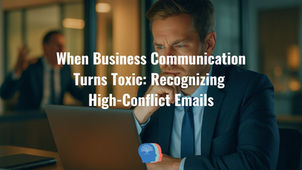 Man in a suit looks concerned at a laptop in an office. Text reads: When Business Communication Turns Toxic: Recognizing High-Conflict Emails.