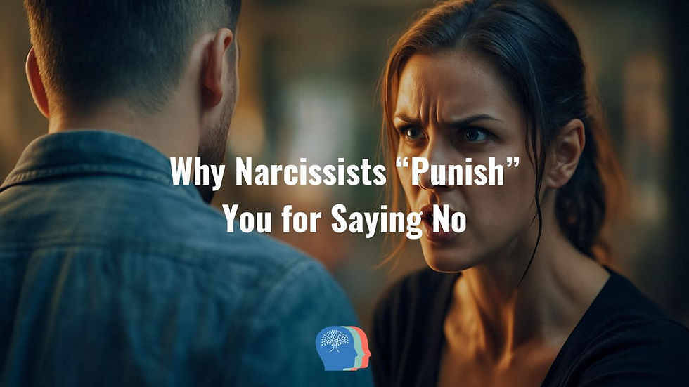 Woman with angry expression facing a man in a dim setting. Text reads: Why Narcissists “Punish” You for Saying No.