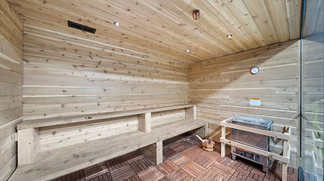 A wood-paneled sauna with tiered benches.