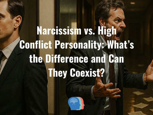 Man in suit looks calm beside another yelling, set in a dim hallway. Text reads: Narcissism vs. High Conflict Personality.