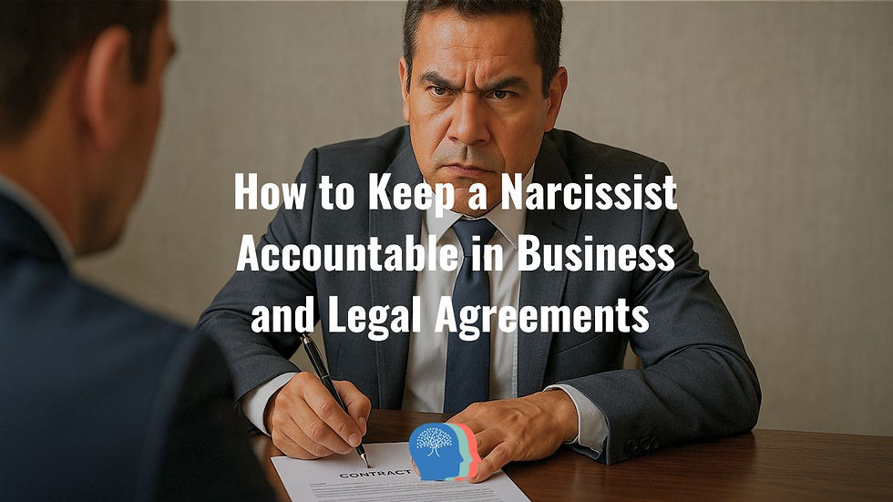 A serious man in a suit signs a contract at a desk. Text overlay: "How to Keep a Narcissist Accountable in Business and Legal Agreements."