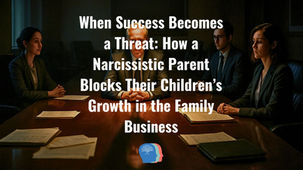 Four people in suits sit around a conference table, with papers spread out. Text overlay discusses narcissistic parental influence. Dimly lit room.