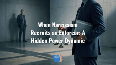 Two men in suits in a dim room, one holding scales and files. Text: "When Narcissism Recruits an Enforcer: A Hidden Power Dynamic."