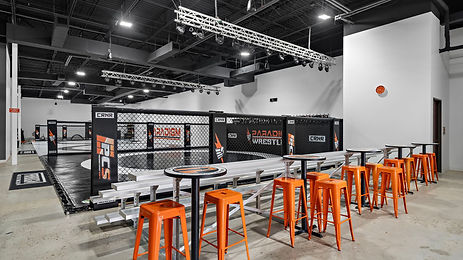 Wrestling ring and spectator stands.