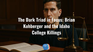 Brian Kohberger sits in a wood-paneled court room beside a book and scales. Text reads, "The Dark Triad in Focus: Brian Kohberger and the Idaho College Killings."