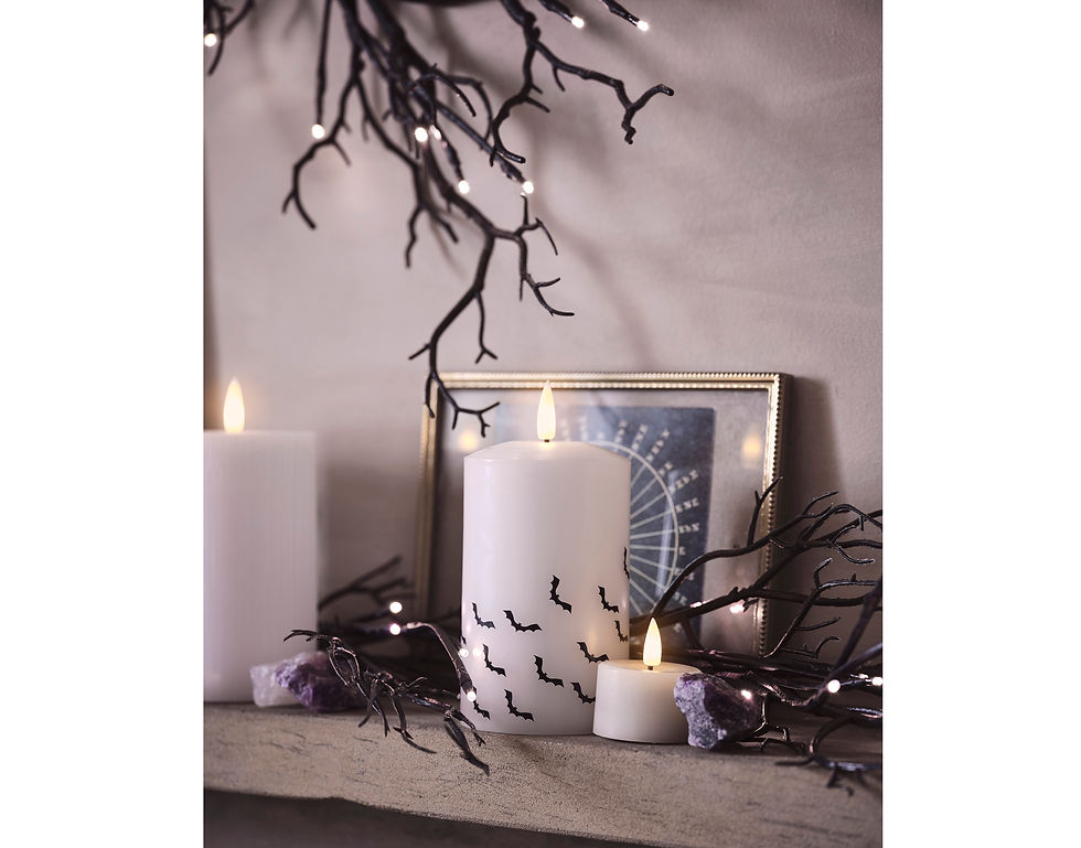 TruGlow Bat Decal LED Pillar Candle Trio, 1.5m Pre-Lit Black Glitter Halloween Garland, Lights4fun