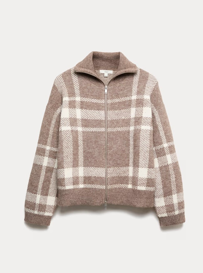 M&S Collection Checked Collared Zip Up Cardigan with Wool