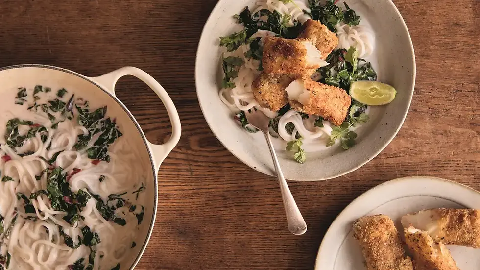 Coconut cod with greens and zesty lime rice noodles