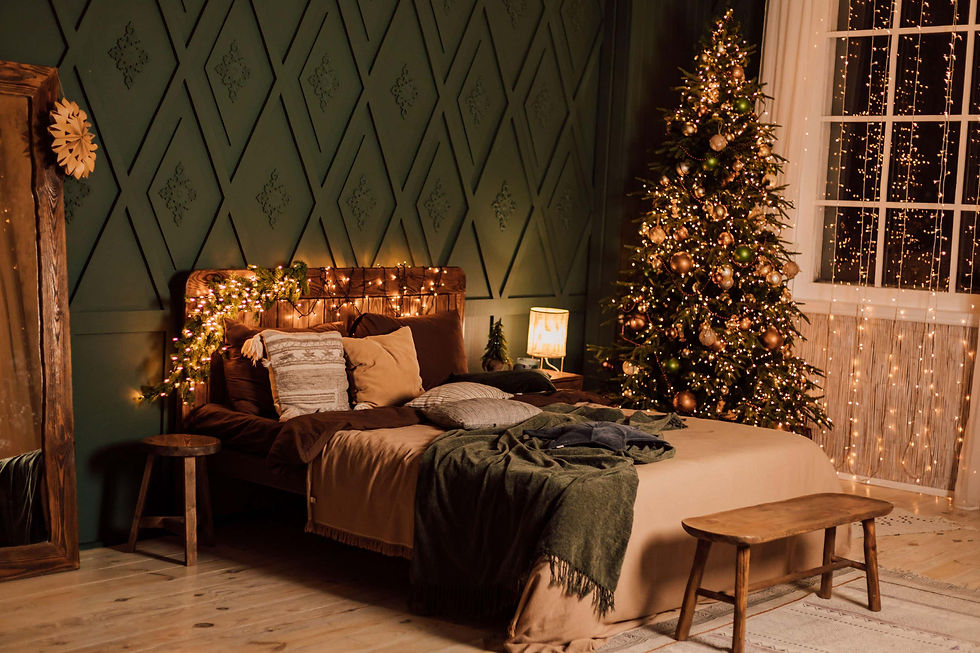 Bedroom with Christmas decorations, fairy lights and tree