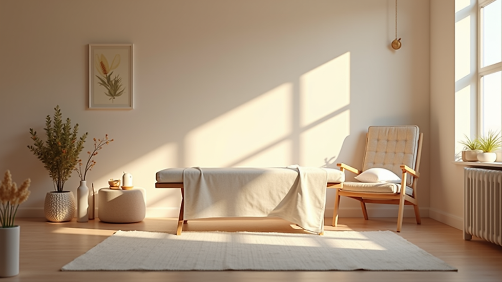 Eye-level view of a serene therapy room with soft lighting and calming decor