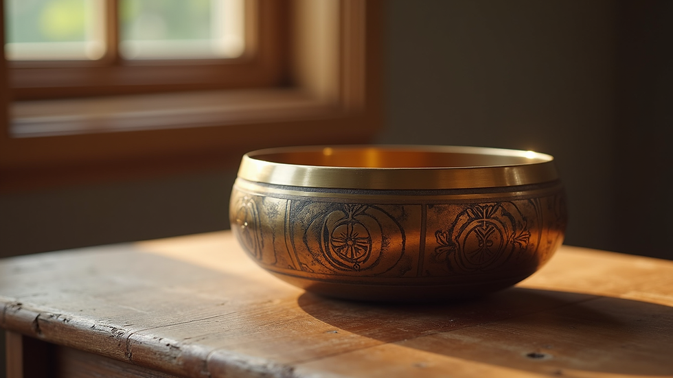 Close-up view of a Tibetan singing bowl on a wooden surface