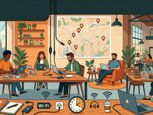 Ilustração de várias pessoas trabalhando em um café