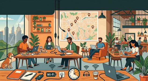 Ilustração de várias pessoas trabalhando em um café