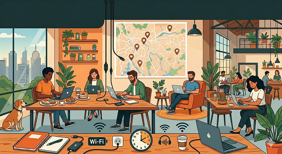 Ilustração de várias pessoas trabalhando em um café