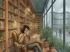 Ilustração de pessoa lendo em livraria tranquila