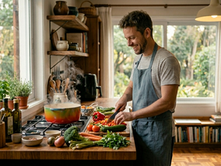 Homem cortando legumes na cozinha contente