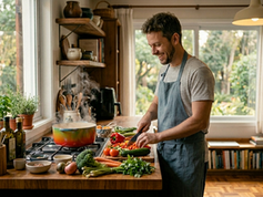 Homem cortando legumes na cozinha contente
