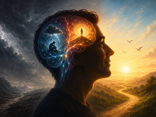 Imagem de homem com a mente dividida entre tempestade e luz