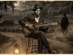 Ilustração de Robert Johnson sentado em uma encruzilhada com seu violão