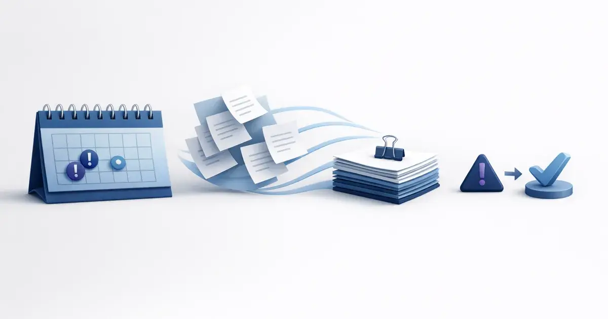 Ilustración corporativa de un calendario tributario con alertas y documentos en revisión, que representa los riesgos del cumplimiento tributario en una empresa