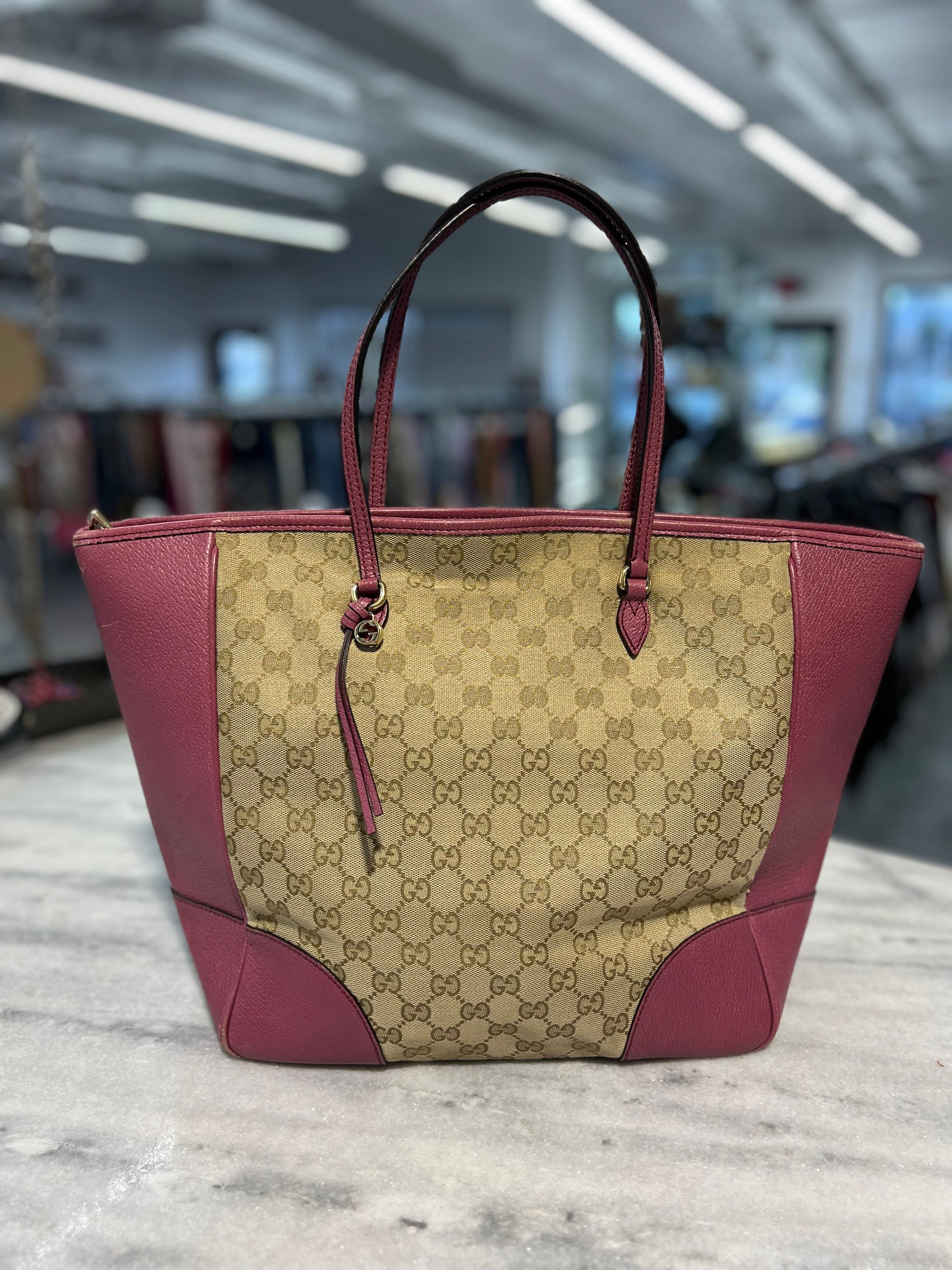 Gucci tan monogram with pink trimmings tote bag