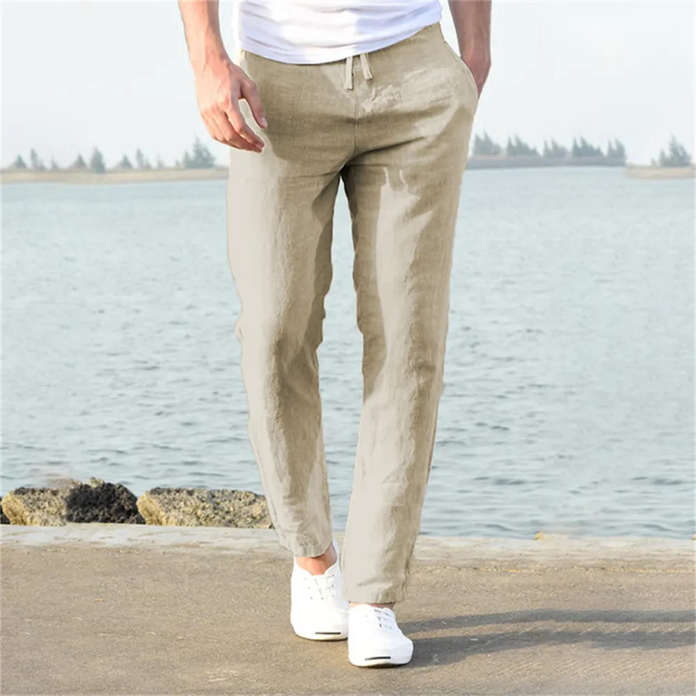 Men's Cotton Linen Pants Male Autumn New Breathable Solid Color Linen Trousers