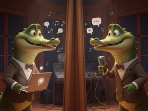 An SEO alligator in a brown tuxedo and bow tie holding a laptop looking into the microphone. In it's reflection is a voice over alligator with a tux and tie holding a microphone.