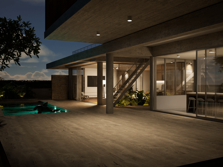 RC villa pool and ground floor exterior at night, ETEK structural engineer Nicosia Cyprus
