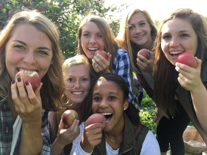 group of girls apple picking