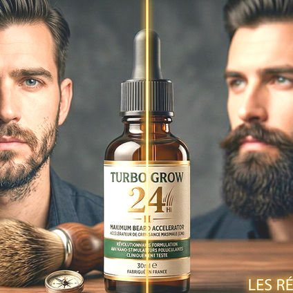 une fausse publicité représentant une huile pour barbe avec un homme à droite sans barbe , un homme a gauche avec une barbe ainsi qu'un flacon d'huile pour barbe au centre en gros plan a coté d'un blaireau de rasage