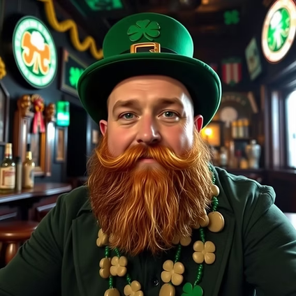 Un homme avec une grosse barbe rousse avec un chapeau vert et un costume vert pour la saint Patrick
