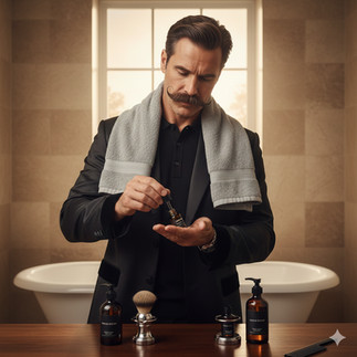 un homme moustachu dans sa salle de bain en train de prendre soin de sa moustache