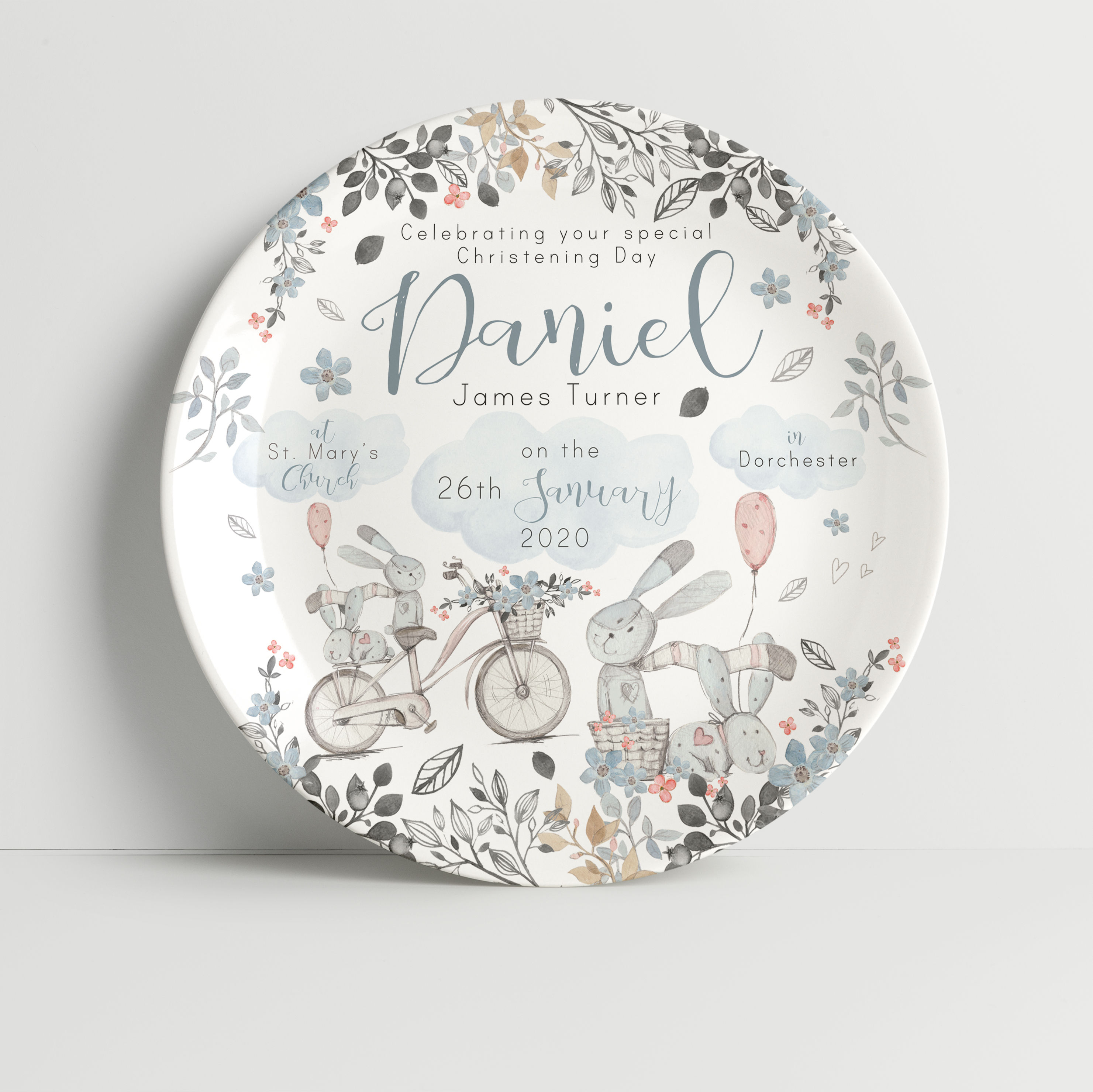 Christening Floral Rabbits Blue