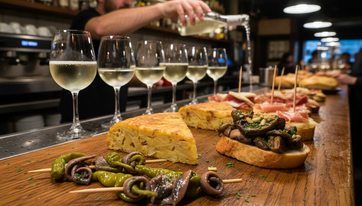 Close-up of assorted pintxos on a wooden bar in San Sebastián with small glasses of wine in the background.